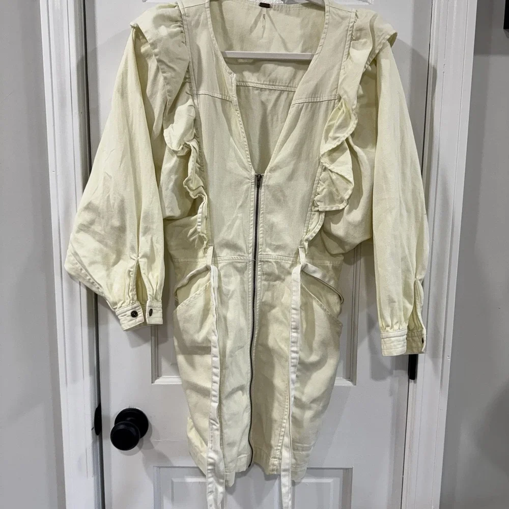 Free People Imogene Mini Dress XS Ecru Ruffle Utility Zip Front Belted